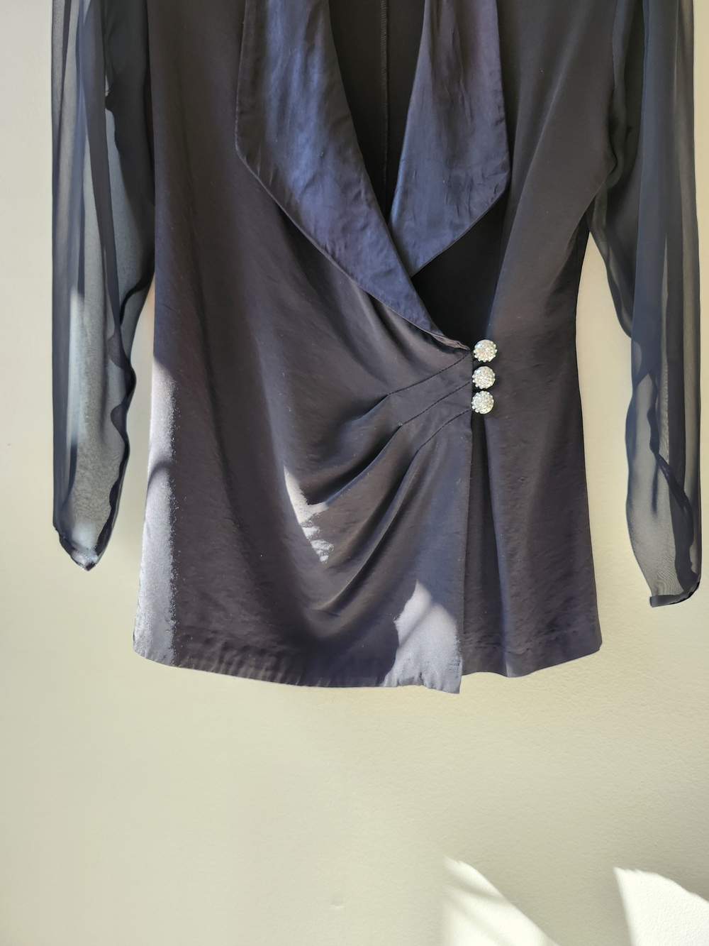 Joseph Ribkoff Black Satin & Sheer Sleeve Wrap Blazer - Picture 6 of 10